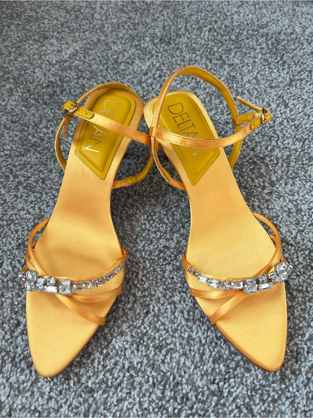 DeltaN Orange Satin Crystal Ankle-Strap Heels